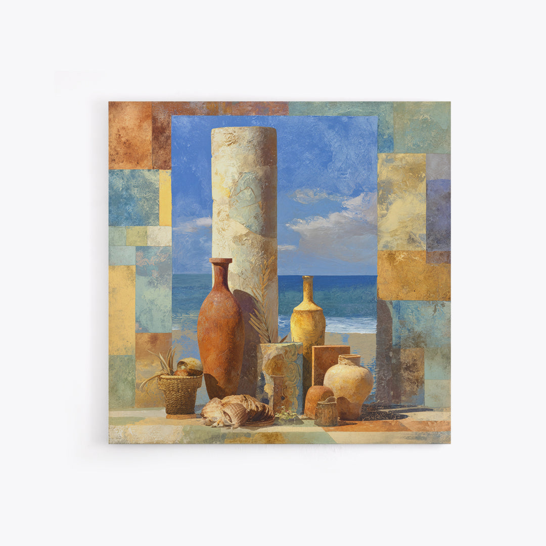 Ancient Column with Sea and Sky Beyond Framed Canvas Print, Mediterranean Art, Oil Painting, Living Room Decor, Fine Art, Azure, MAR-1x1-12