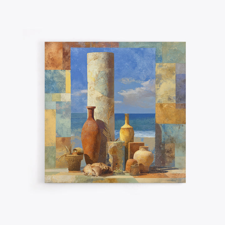 Ancient Column with Sea and Sky Beyond Framed Canvas Print, Mediterranean Art, Oil Painting, Living Room Decor, Fine Art, Azure, MAR-1x1-12