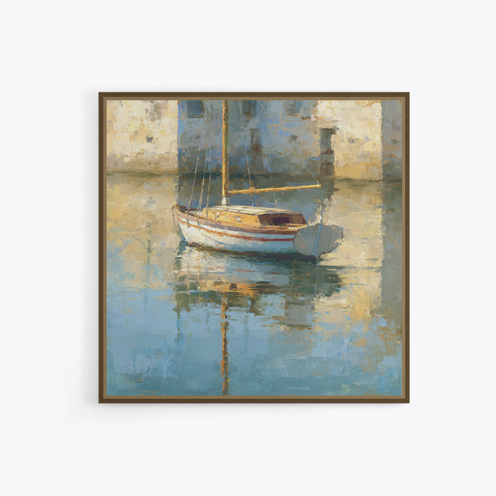 Mediterranean Sailboat on Glassy Water Canvas Print, Mediterranean Art, Watercolor Painting, Living Room Decor, Fine Art, Azure, MAR-1x1-18