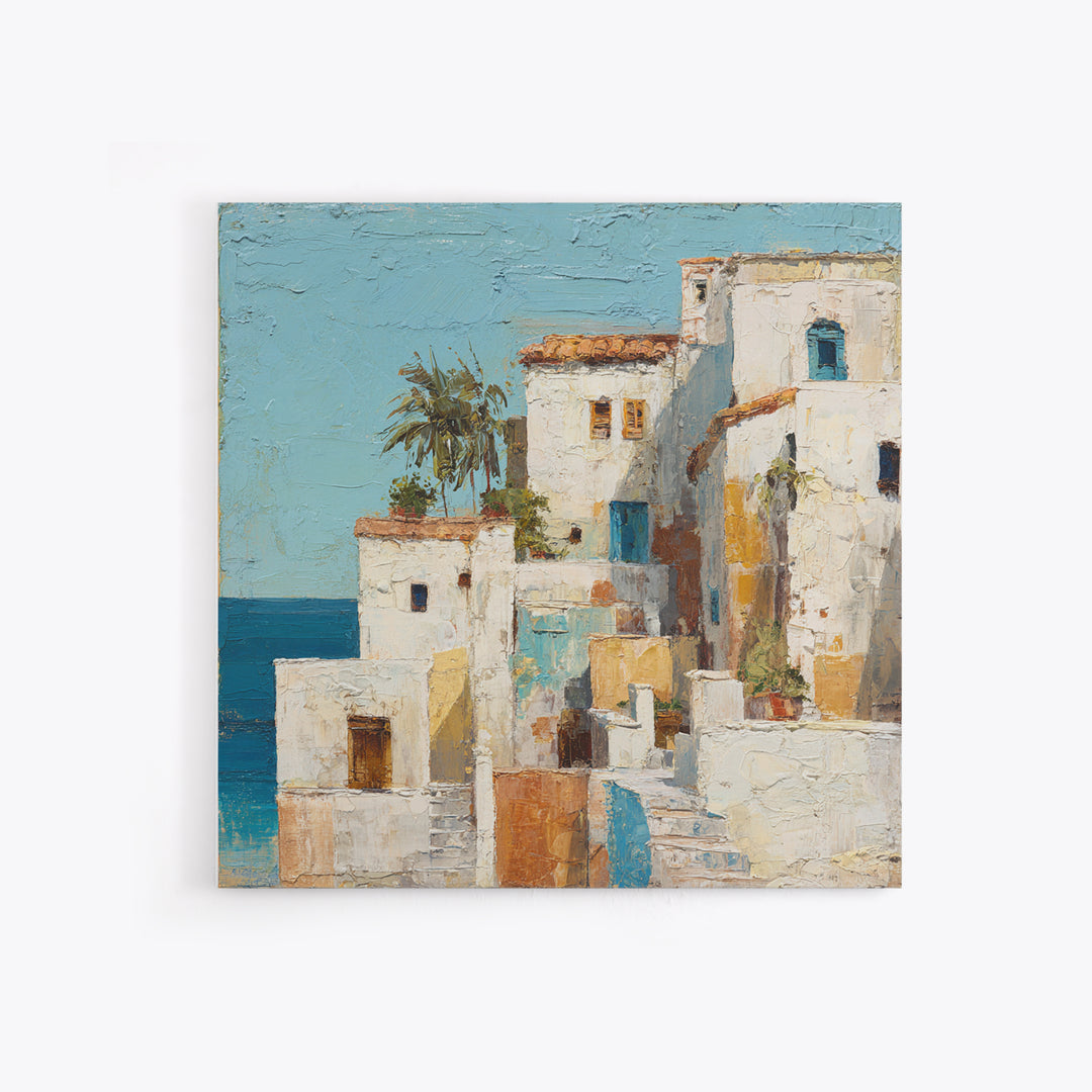 Greek Island White Buildings Above Blue Sea Canvas Print, Mediterranean Art, Beach Prints, Living Room Decor, Fine Art, Azure, MAR-1x1-25