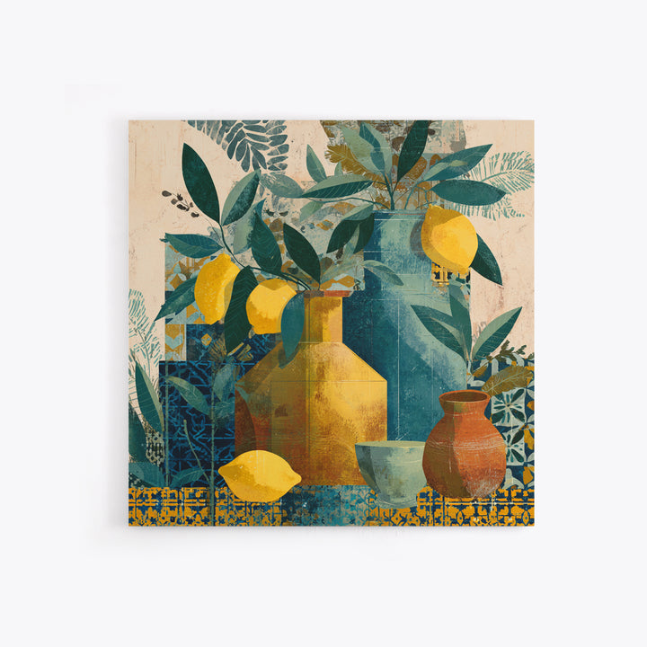 Olive Branch and Lemons on Terracotta Ground Canvas Print, Mediterranean Art, Minimalist Wall Art, Living Room Decor, Azure, MAR-1x1-26