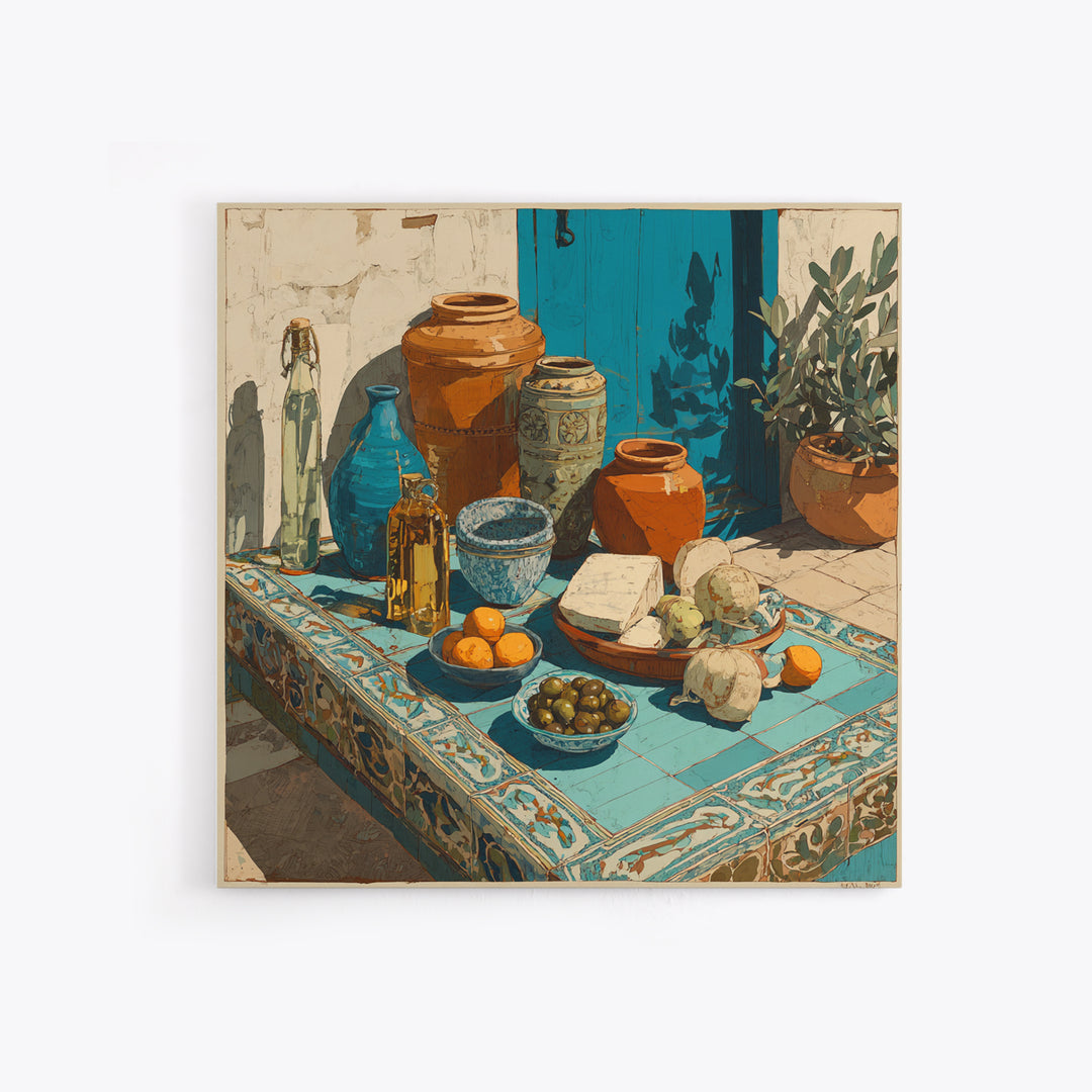 Figs Olives and Cheese Still Life Framed Canvas Print, Mediterranean Art, Gallery Decor, Living Room Decor, Fine Art, Azure, MAR-1x1-32