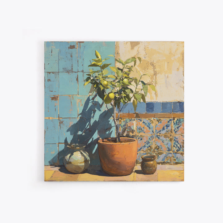 Citrus Tree in Clay Pot Framed Canvas Print, Mediterranean Art, Landscape Painting, Living Room Decor, Watercolor Art, Azure, MAR-1x1-34