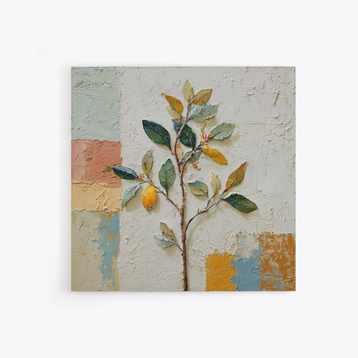 Sicilian Lemon Branch on Ivory Background Framed Canvas Print, Mediterranean Art, Gallery Wall Art, Living Room Decor, Azure, MAR-1x1-37