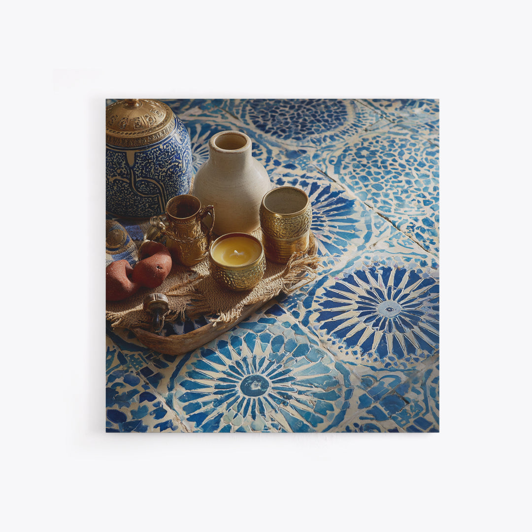 Blue and White Tile Pattern Canvas Print, Mediterranean Art, Printable Wall Art, Living Room Decor, Watercolor Art, Azure, MAR-1x1-4