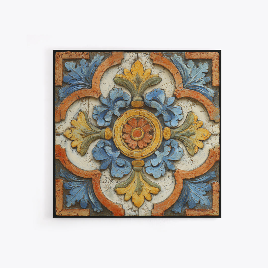 Spanish Tile Ornament Framed Canvas Print, Mediterranean Art, Luxury Decor, Living Room Decor, Fine Art, Azure, Framed Wall Art, MAR-1x1-40