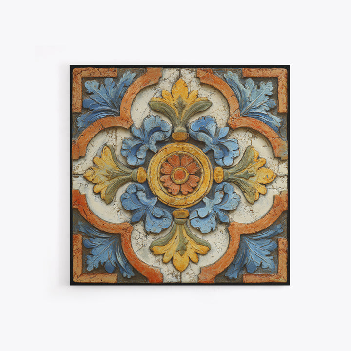 Spanish Tile Ornament Framed Canvas Print, Mediterranean Art, Luxury Decor, Living Room Decor, Fine Art, Azure, Framed Wall Art, MAR-1x1-40