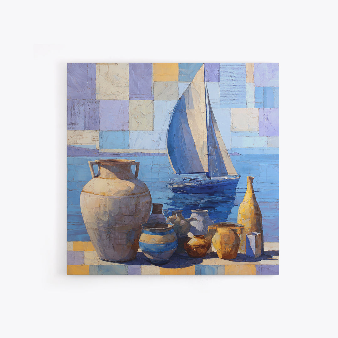 Mediterranean Sailboat on Glassy Water Framed Canvas Print, Mediterranean Art, Watercolor Art, Living Room Decor, Abstract Art, MAR-1x1-42