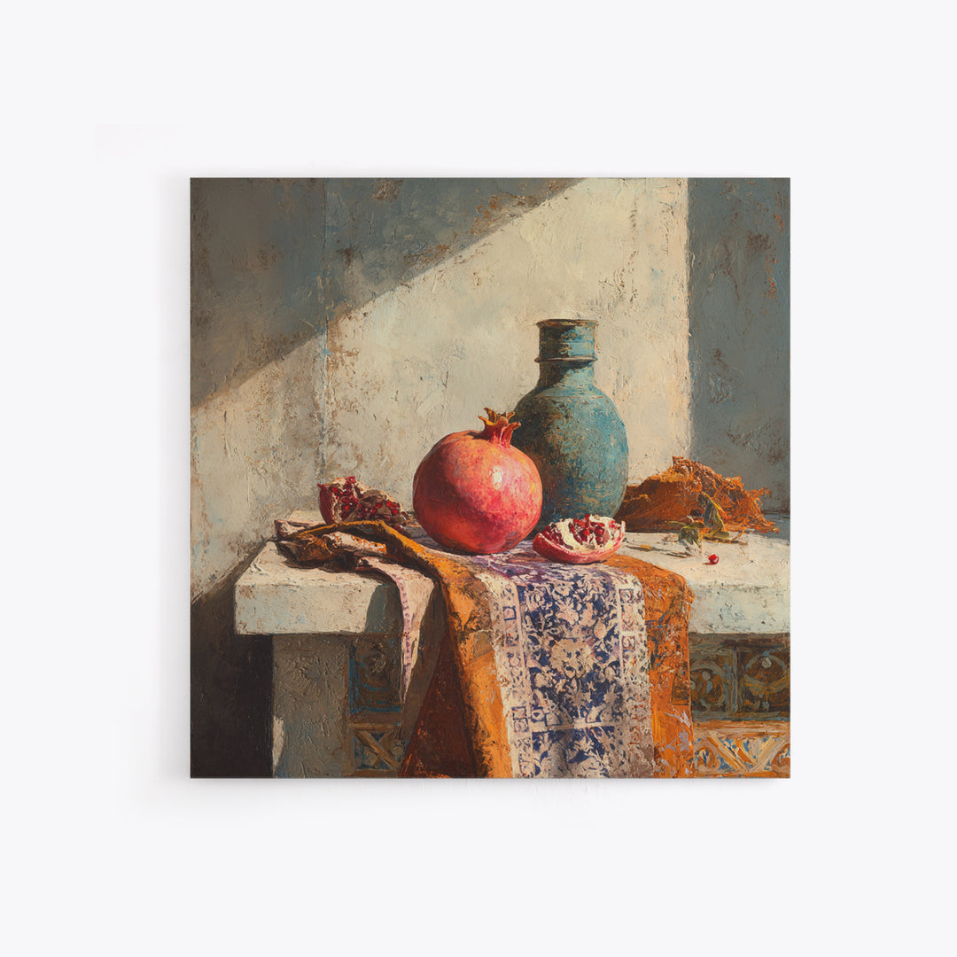 Pomegranate Still Life Framed Canvas Print, Mediterranean Art, Digital Art Prints, Living Room Decor, Oil Painting, Azure, MAR-1x1-43