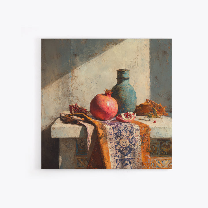 Pomegranate Still Life Framed Canvas Print, Mediterranean Art, Digital Art Prints, Living Room Decor, Oil Painting, Azure, MAR-1x1-43