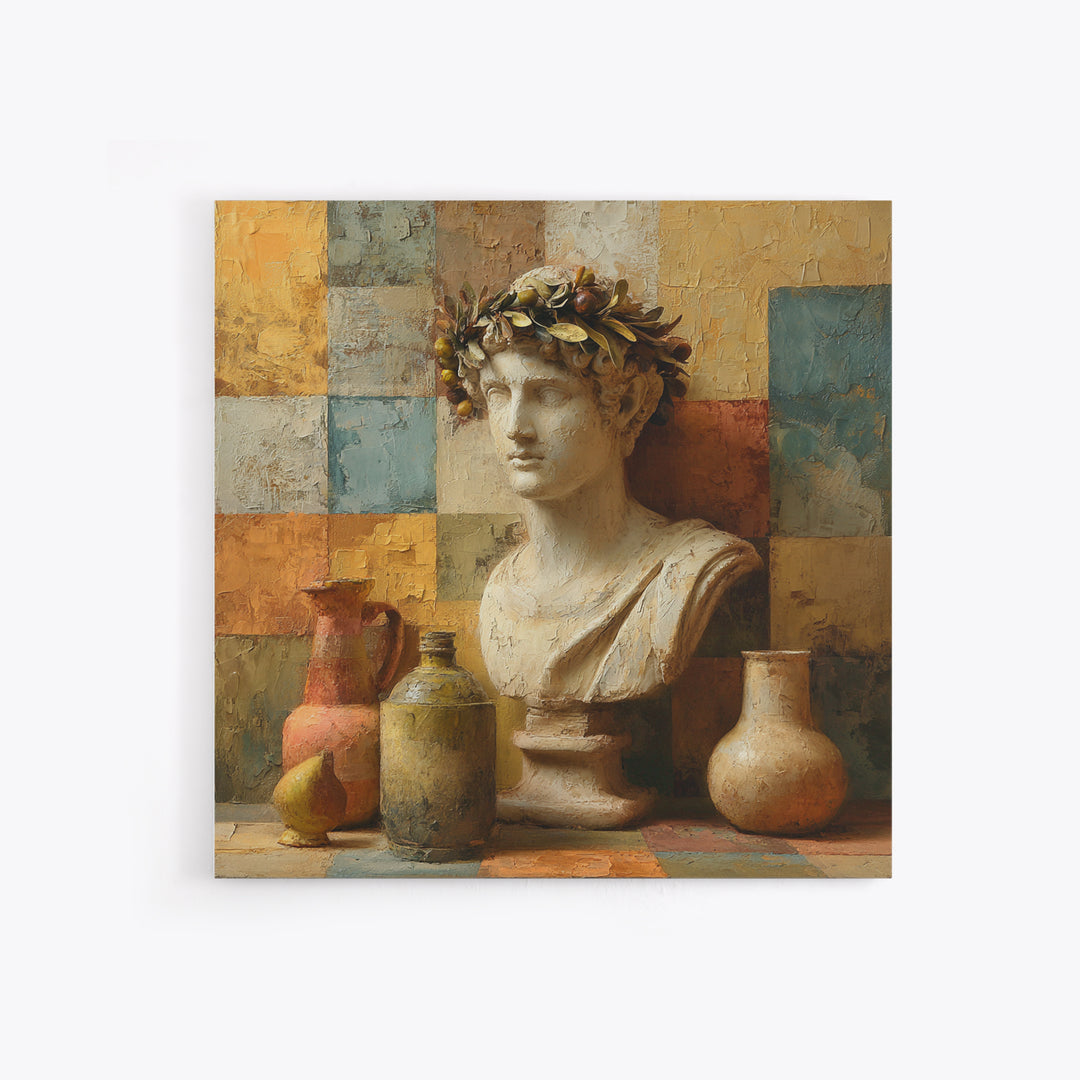 Roman Statue Bust Framed Canvas Print, Mediterranean Art, Coastal Decor, Living Room Decor, Fine Art, Azure, Wall Decor, MAR-1x1-46