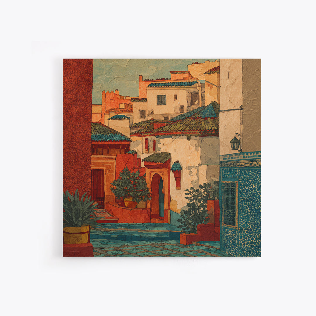 Sunset over Red Tiled Rooftops Framed Canvas Print, Mediterranean Art, Watercolor Painting, Living Room Decor, Fine Art, Azure, MAR-1x1-47