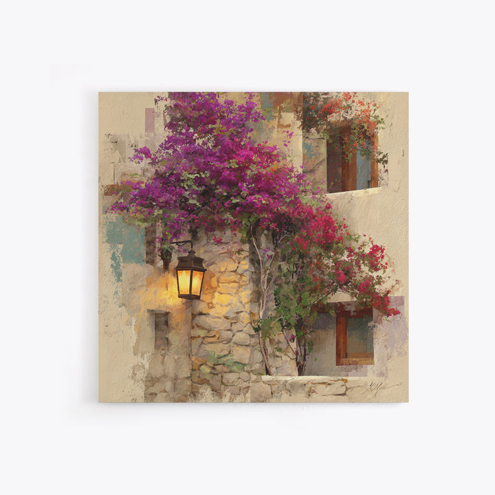 Bougainvillea Cascading over Stone Wall Canvas Print, Mediterranean Art, Landscape Painting, Living Room Decor, Fine Art, Azure, MAR-1x1-5