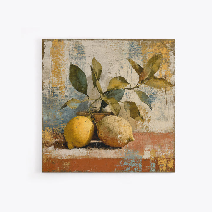 Olive Branch and Lemons on Terracotta Ground Canvas Print, Mediterranean Art, Minimalist Wall Art, Living Room Decor, Azure, MAR-1x1-50