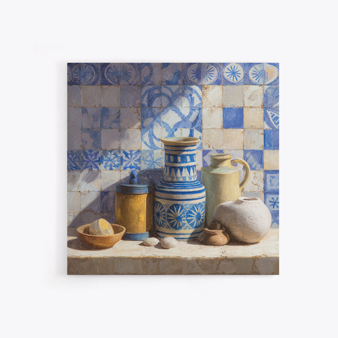 Blue and White Tile Pattern Framed Canvas Print, Mediterranean Art, Watercolor Art, Living Room Decor, Fine Art, Azure, MAR-1x1-52