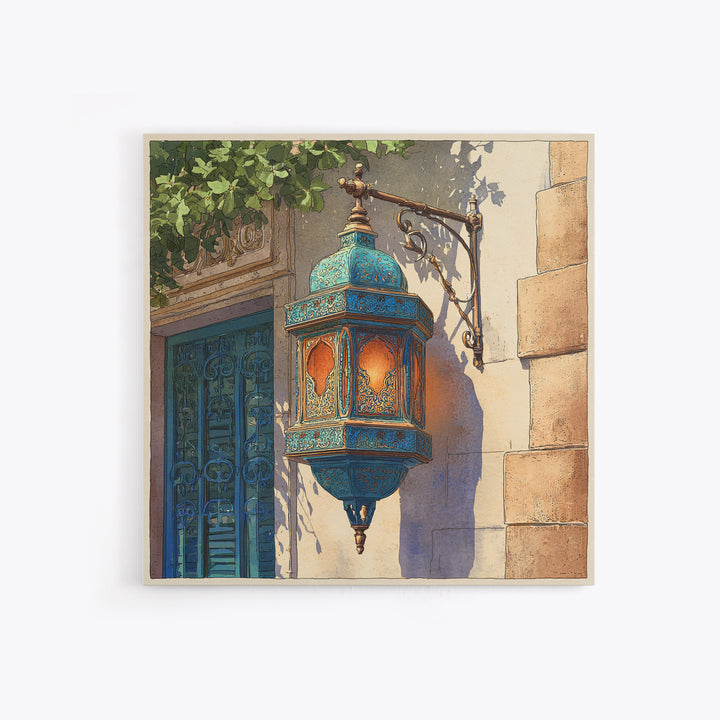 Moroccan Influenced Lantern Framed Canvas Print, Mediterranean Art, Living Room Art, Living Room Decor, Abstract Art, Azure, MAR-1x1-57