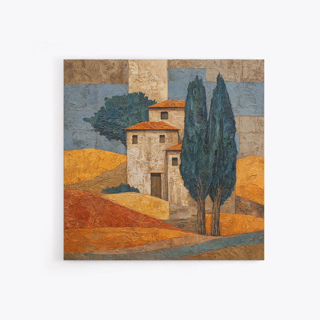 Tuscan Cypress Trees and Golden Hillside Canvas Print, Mediterranean Art, Nautical Decor, Living Room Decor, Azure, MAR-1x1-6