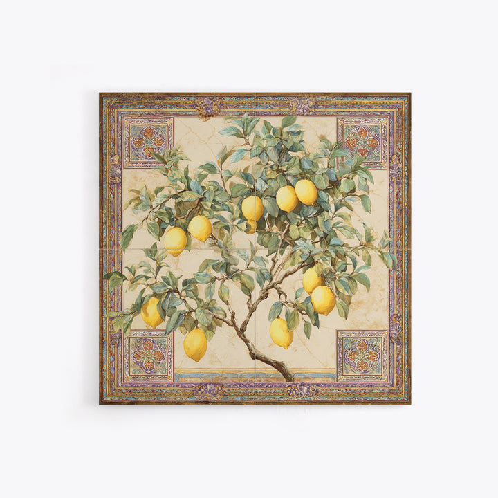 Sicilian Lemon Branch on Ivory Background Framed Canvas Print, Mediterranean Art, Gallery Wall Art, Living Room Decor, Azure, MAR-1x1-61