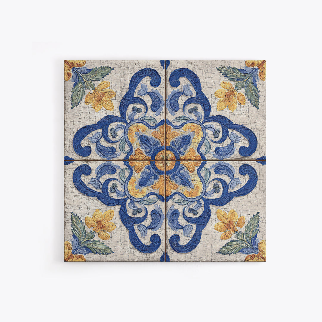 Spanish Tile Ornament Framed Canvas Print, Mediterranean Art, Coastal Wall Art, Living Room Decor, Azure, Living Room Art, MAR-1x1-64