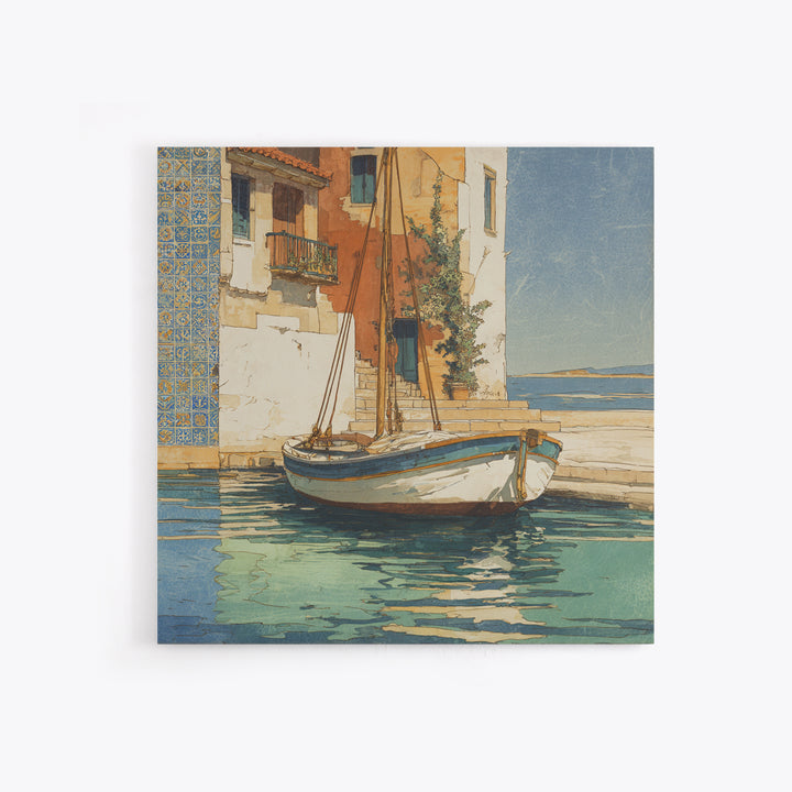 Mediterranean Sailboat on Glassy Water Framed Canvas Print, Mediterranean Art, Watercolor Art, Living Room Decor, Abstract Art, MAR-1x1-66