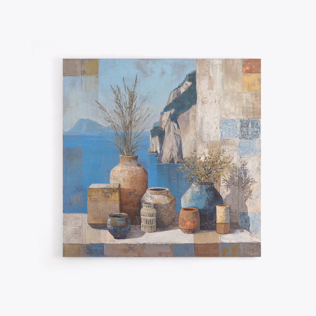 Coastal Cliffs with Sparkling Blue Water Framed Canvas Print, Mediterranean Art, Landscape Painting, Living Room Decor, Azure, MAR-1x1-68