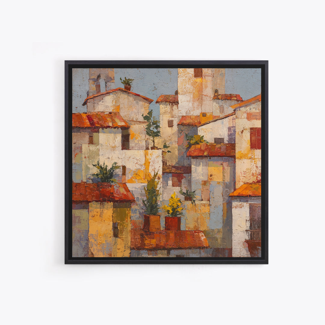 Sunset over Red Tiled Rooftops Framed Canvas Print, Mediterranean Art, Gallery Wall Art, Living Room Decor, Fine Art, Azure, MAR-1x1-71