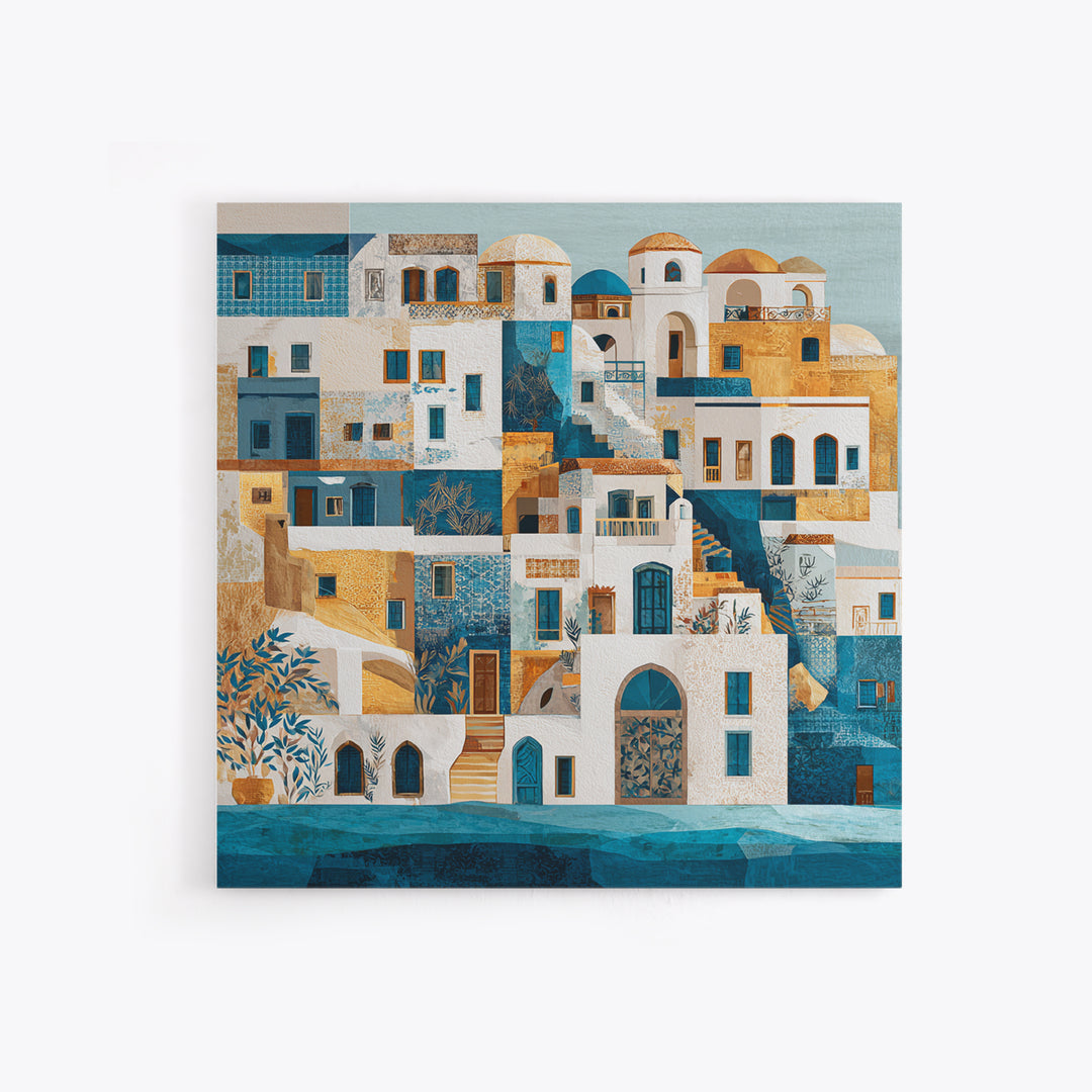 Greek Island White Buildings Above Blue Sea Canvas Print, Mediterranean Art, Neutral Decor, Living Room Decor, Azure, MAR-1x1-73