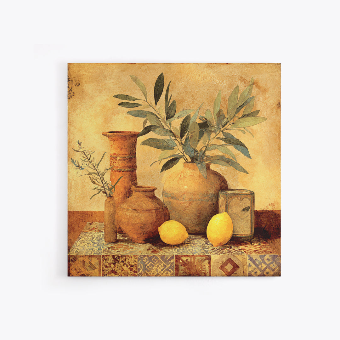 Olive Branch and Lemons on Terracotta Ground Canvas Print, Mediterranean Art, Downloadable Art, Living Room Decor, Azure, MAR-1x1-74