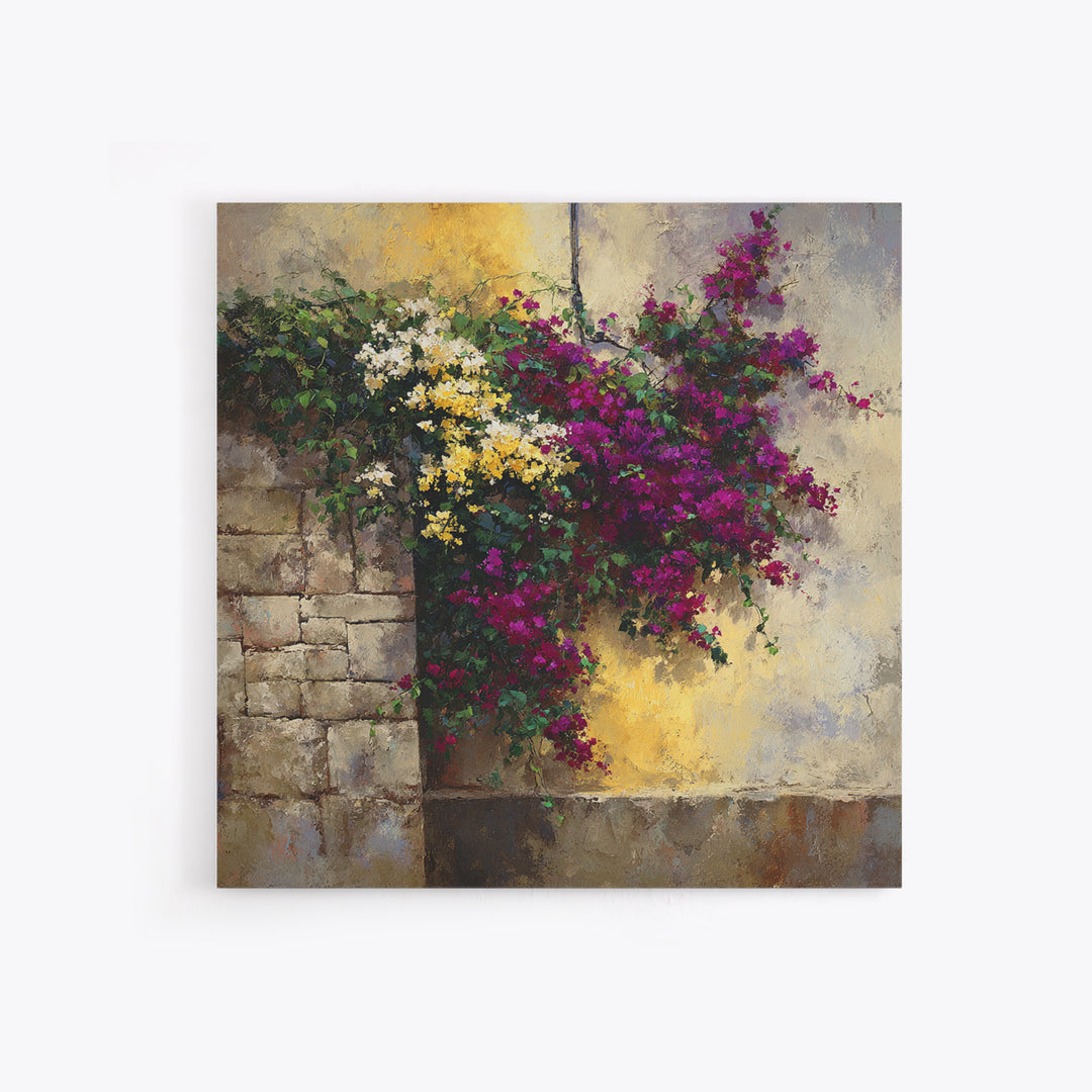 Bougainvillea Cascading over Stone Wall Canvas Print, Mediterranean Art, Modern Decor, Living Room Decor, Fine Art, Azure, MAR-1x1-77