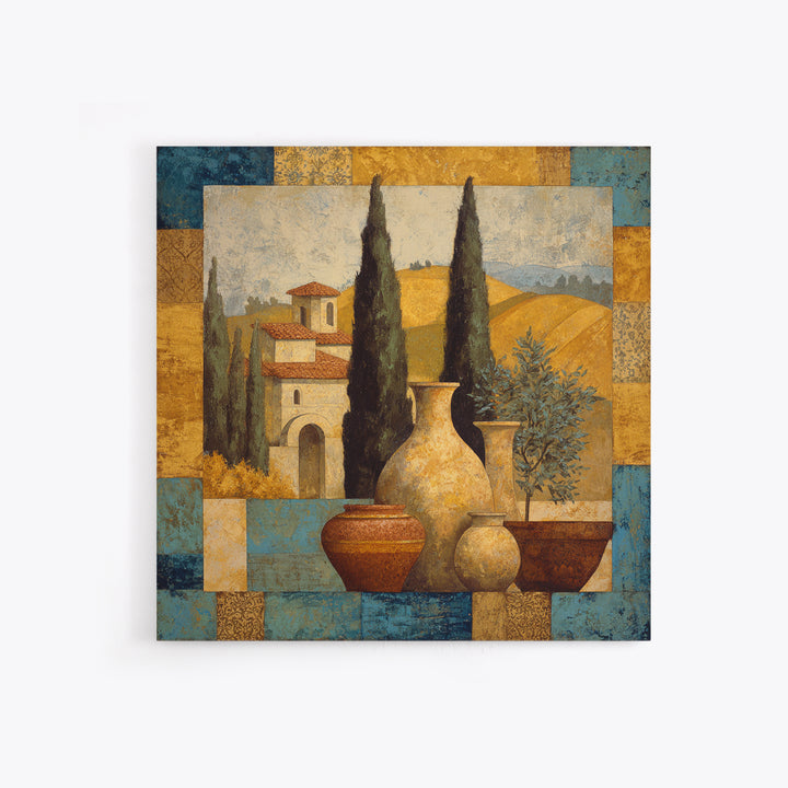 Tuscan Cypress Trees and Golden Hillside Framed Canvas Print, Mediterranean Art, Beach Prints, Living Room Decor, Azure, MAR-1x1-78