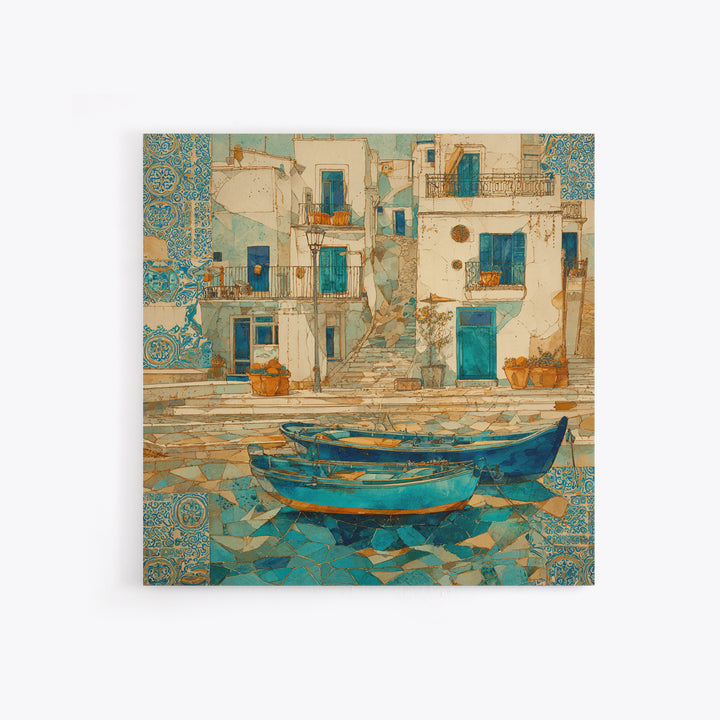 Coastal Fishing Boats Framed Canvas Print, Mediterranean Art, Wall Decor, Living Room Decor, Oil Painting, Azure, MAR-1x1-79