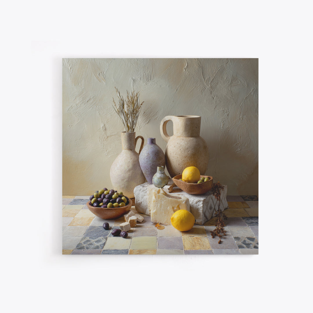 Figs Olives and Cheese Still Life Framed Canvas Print, Mediterranean Art, Printable Art, Living Room Decor, Fine Art, Azure, MAR-1x1-8
