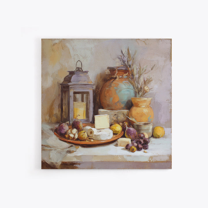 Figs Olives and Cheese Still Life Framed Canvas Print, Mediterranean Art, Wall Decor, Living Room Decor, Fine Art, Azure, MAR-1x1-80