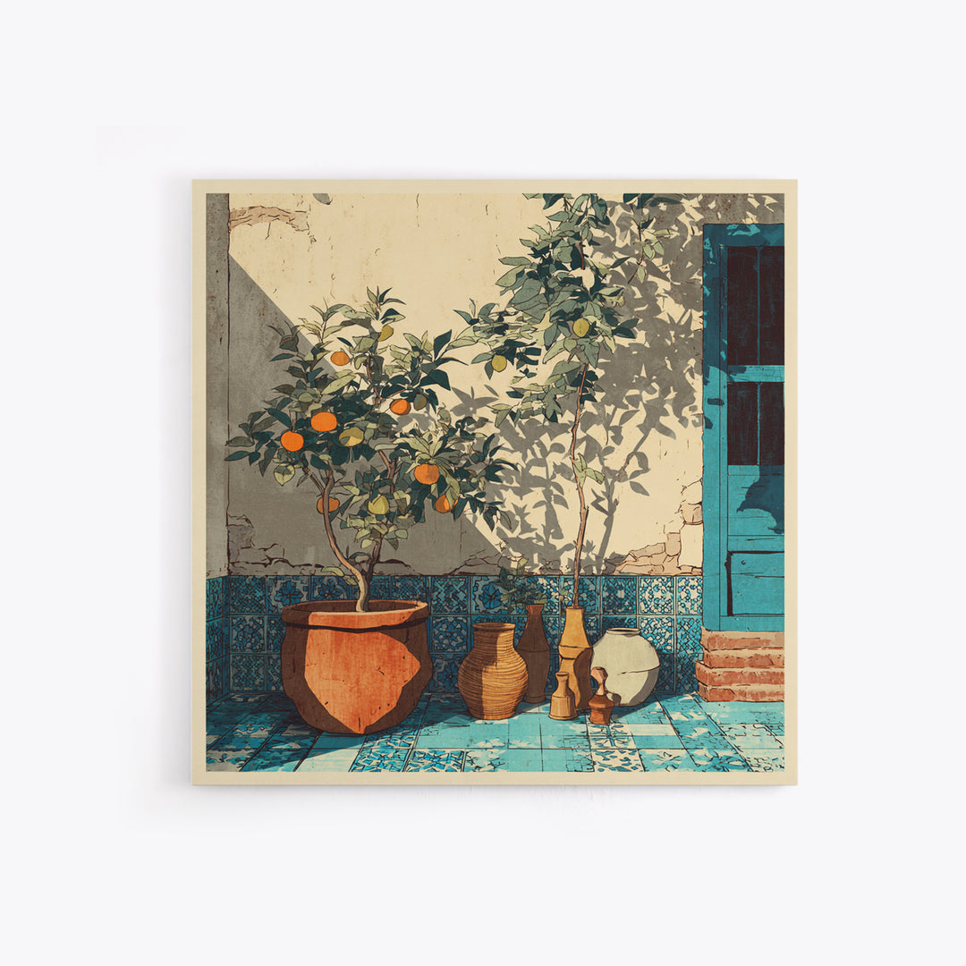 Citrus Tree in Clay Pot Canvas Print, Mediterranean Art, Coastal Wall Decor, Living Room Decor, Oil Painting, Azure, MAR-1x1-82