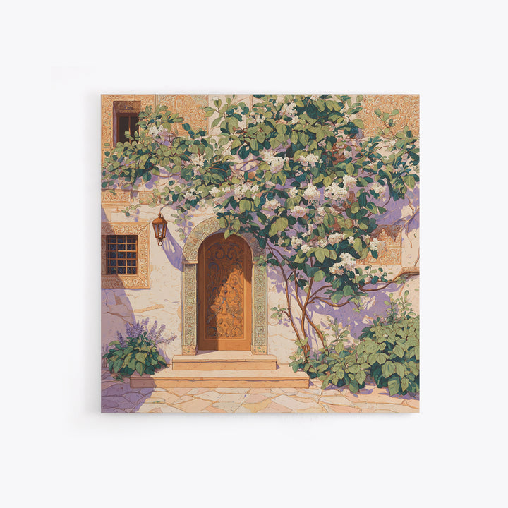 Sunlit Courtyard Doorway Framed Canvas Print, Mediterranean Art, Neutral Decor, Living Room Decor, Oil Painting, Azure, MAR-1x1-83
