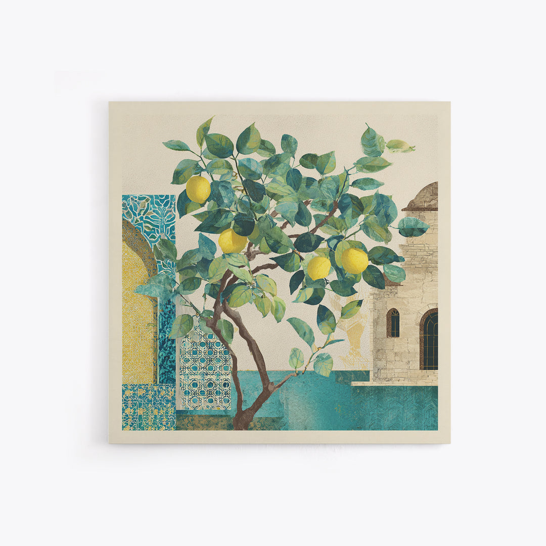 Sicilian Lemon Branch on Ivory Background Canvas Print, Mediterranean Art, Travel Poster, Living Room Decor, Oil Painting, MAR-1x1-85