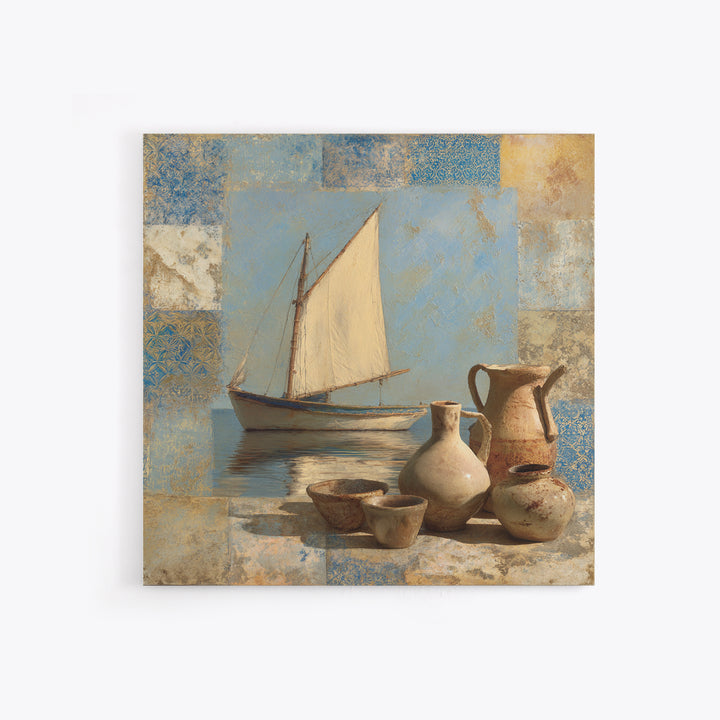 Mediterranean Sailboat on Glassy Water Canvas Print, Mediterranean Art, Gallery Wall Art, Living Room Decor, Fine Art, Azure, MAR-1x1-90