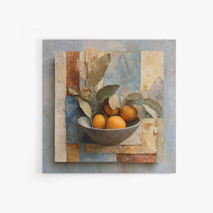 Ceramic Bowl of Oranges and Leaves Framed Canvas Print, Mediterranean Art, Wall Decor, Living Room Decor, Oil Painting, Azure, MAR-1x1-93