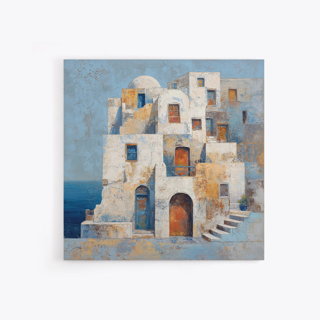Greek Island White Buildings Above Blue Sea Canvas Print, Mediterranean Art, Luxury Decor, Living Room Decor, Oil Painting, MAR-1x1-97