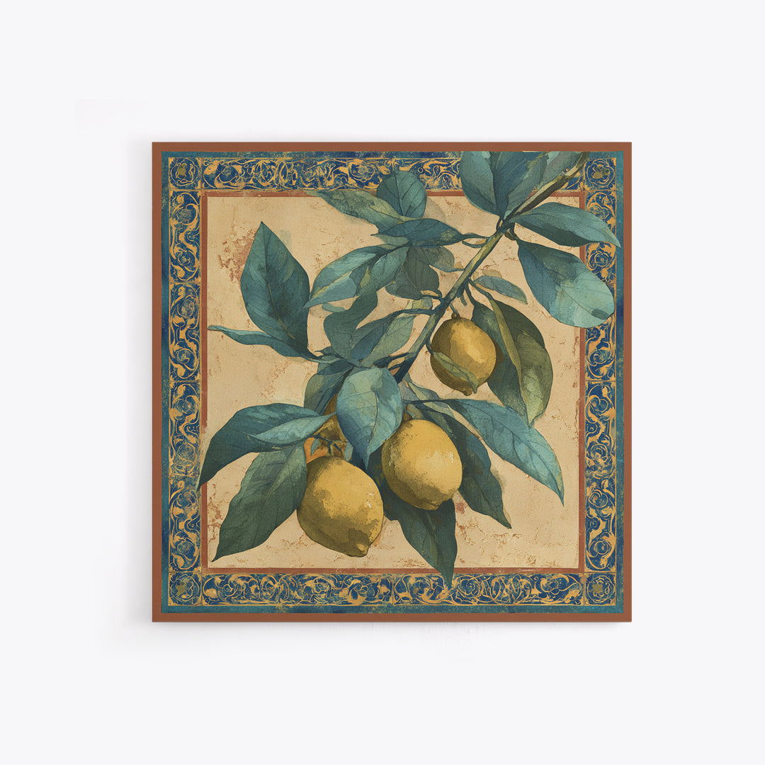 Olive Branch and Lemons on Terracotta Ground Canvas Print, Mediterranean Art, Wall Decor, Living Room Decor, Fine Art, Azure, MAR-1x1-98