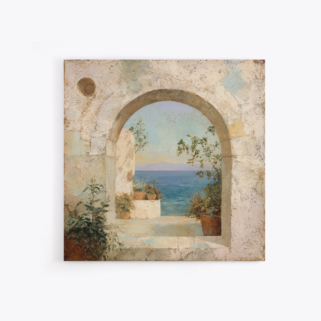 Mediterranean Arch Framing Ocean Horizon Canvas Print, Mediterranean Art, Living Room Decor, Oil Painting, Azure, MAR-1x1-99
