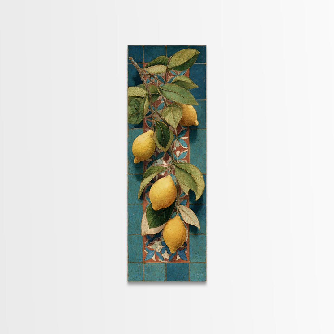 Olive Branch and Lemons on Terracotta Ground Canvas Print, Mediterranean Art, Beach Wall Art, Living Room Decor, Azure, MAR-1x3-14