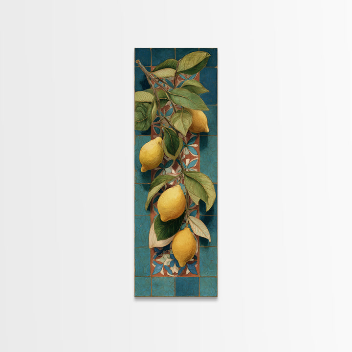 Olive Branch and Lemons on Terracotta Ground Canvas Print, Mediterranean Art, Beach Wall Art, Living Room Decor, Azure, MAR-1x3-14