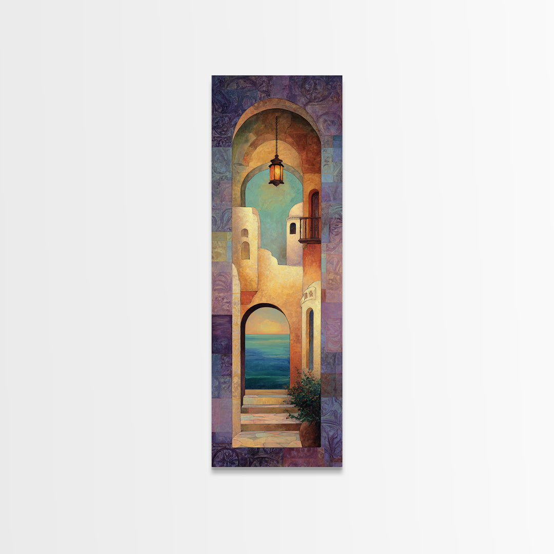 Mediterranean Arch Framing Ocean Horizon Framed Canvas Print, Mediterranean Art, Statement Artwork, Living Room Decor, Azure, MAR-1x3-15