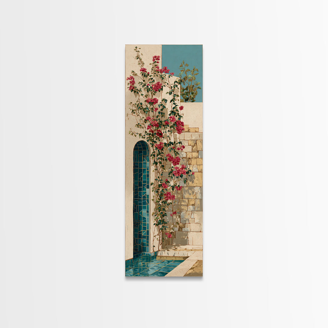 Bougainvillea Cascading over Stone Wall Canvas Print, Mediterranean Art, Modern Decor, Living Room Decor, Fine Art, Azure, MAR-1x3-17
