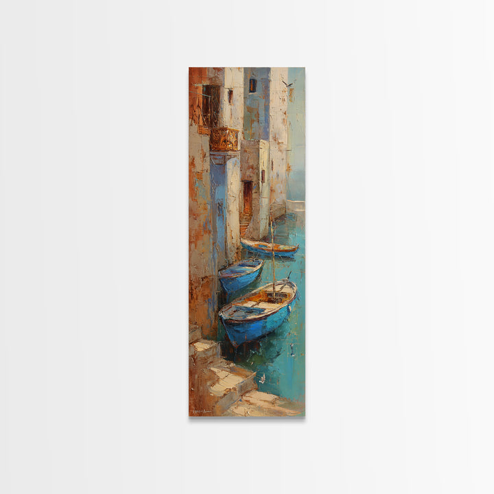 Coastal Fishing Boats Framed Canvas Print, Mediterranean Art, Boho Decor, Living Room Decor, Fine Art, Azure, Digital Wall Art, MAR-1x3-19