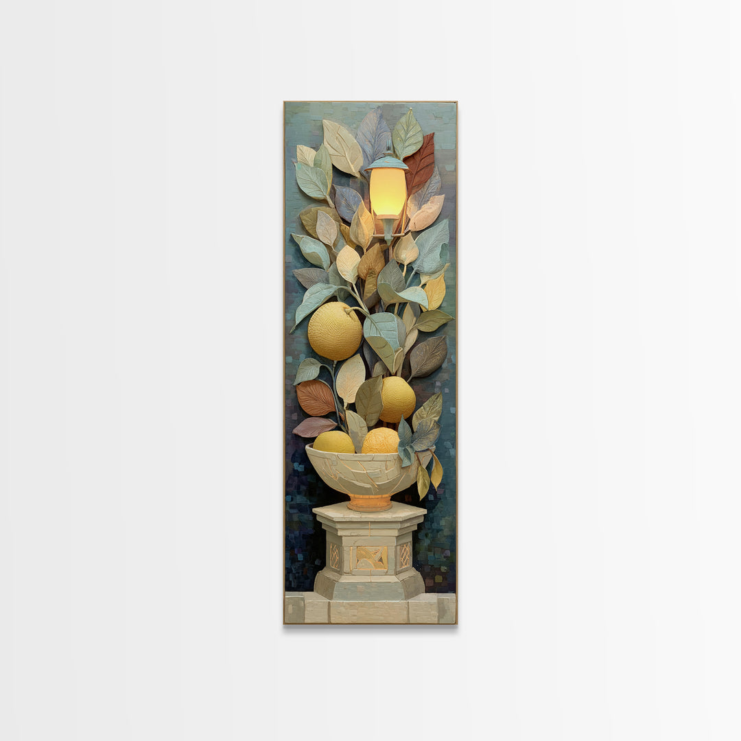 Ceramic Bowl of Oranges and Leaves Canvas Print, Mediterranean Art, Digital Wall Art, Living Room Decor, Fine Art, Azure, MAR-1x3-33