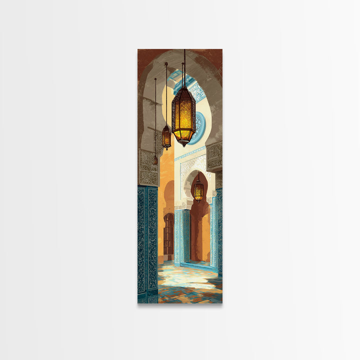Moroccan Influenced Lantern Framed Canvas Print, Mediterranean Art, Travel Poster, Living Room Decor, Oil Painting, Azure, MAR-1x3-45