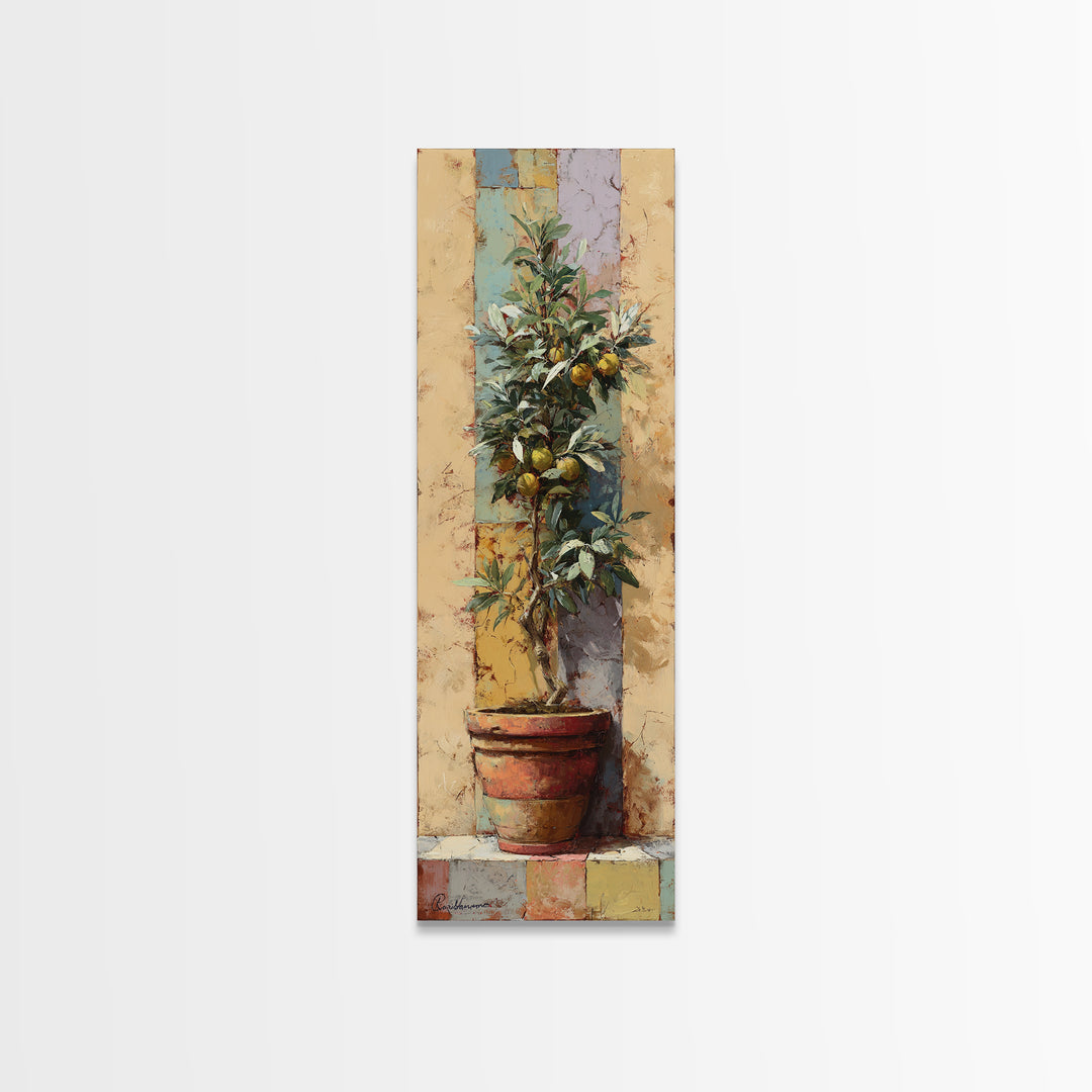 Citrus Tree in Clay Pot Framed Canvas Print, Mediterranean Art, Coastal Art, Living Room Decor, Azure, Statement Artwork, MAR-1x3-46