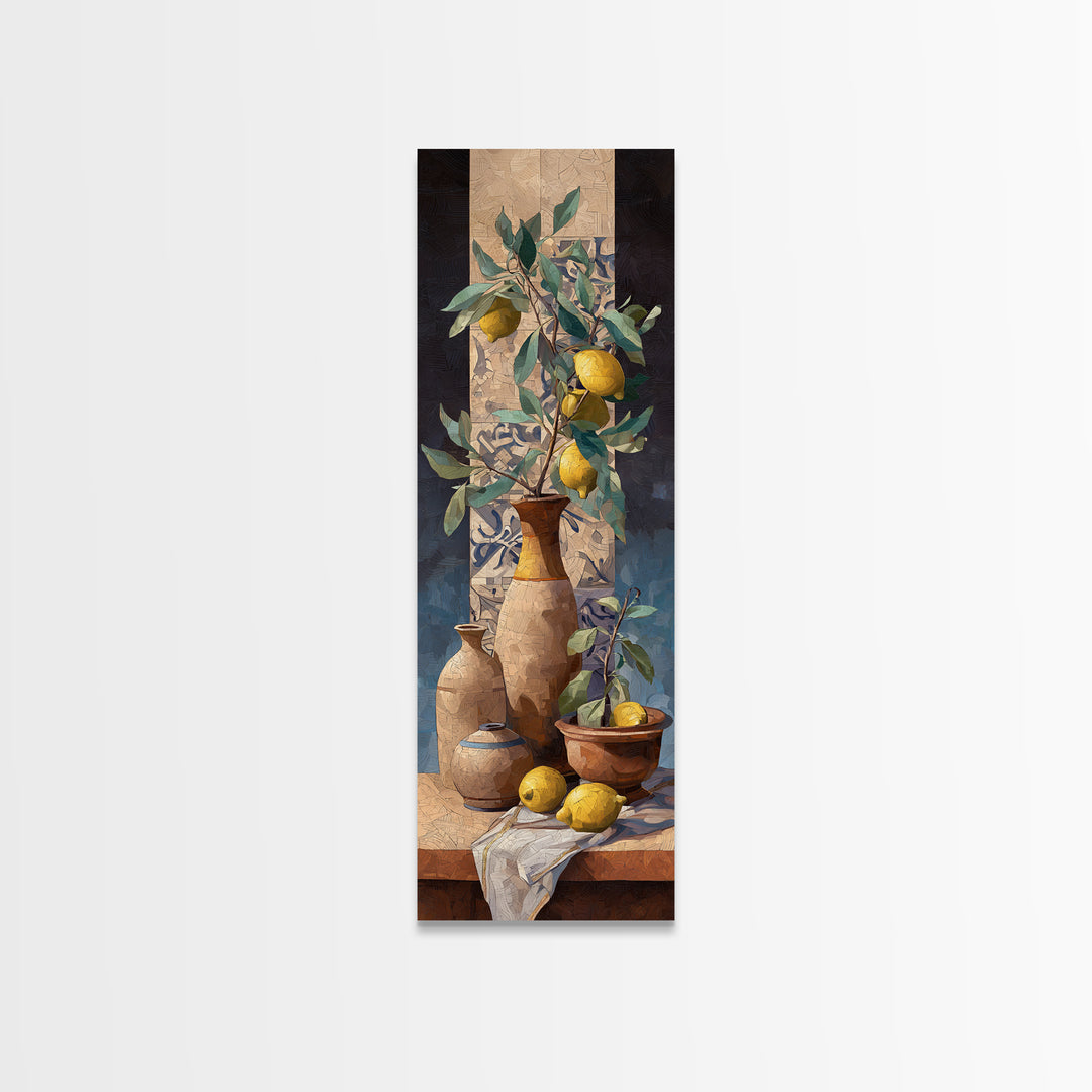 Olive Branch and Lemons on Terracotta Ground Canvas Print, Mediterranean Art, Beach Prints, Living Room Decor, Azure, MAR-1x3-62